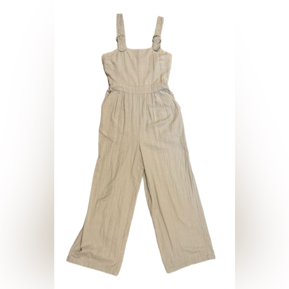 Japna Beige Linen Blend Wide Leg Jumpsuit with Pockets Size Small